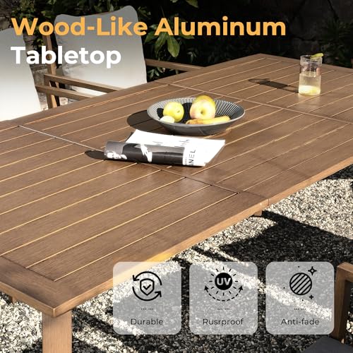 HAPPATIO Outdoor Dining Set, 9-Piece Patio Aluminum Dining Set with Wood-Like Hand-Painted Finish, 8 Swivel Rockers with Waterproof Cushions, Easy Assembly for Backyard, Garden, Porch,Grey Cushion