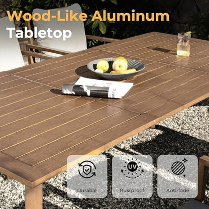 HAPPATIO Outdoor Dining Set, 9-Piece Patio Aluminum Dining Set with Wood-Like Hand-Painted Finish, 8 Swivel Rockers with Waterproof Cushions, Easy Assembly for Backyard, Garden, Porch,Grey Cushion
