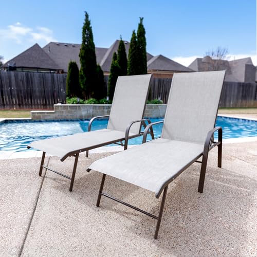 Chaise Lounge Chair Outdoor, Pool Chairs Set of 2 with Armrests (Beige)