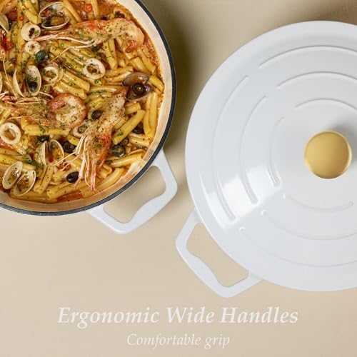CAROTE 3.5QT Shallow Dutch Oven, Enameled Flora Cast Iron Braiser Pan Casserole Skillets with Lid, Versatile Heavy-Duty Cookware for Sourdough Bread Baking, Braising, Stews, Roasting, All Stovetop Compatible, Oven Safe up to 500° F, White & Blue