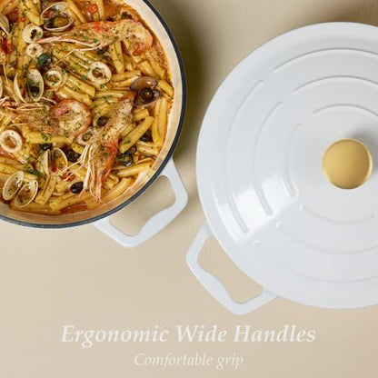 CAROTE 3.5QT Shallow Dutch Oven, Enameled Flora Cast Iron Braiser Pan Casserole Skillets with Lid, Versatile Heavy-Duty Cookware for Sourdough Bread Baking, Braising, Stews, Roasting, All Stovetop Compatible, Oven Safe up to 500° F, White & Blue