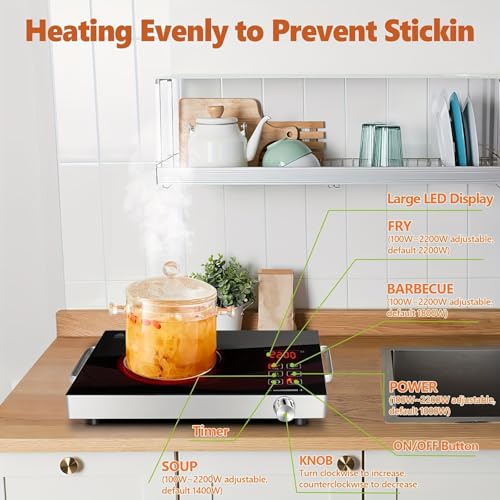 Portable Electric Cooktop, 2200W Ceramic Glass Induction Burner, 12 Power Levels, 3-Hour Timer