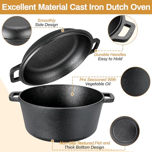 TLGREEN Cast Iron Dutch Oven Pot with Lid, Pot (6.7QT) and Lid as a Skillet(2.5QT) - Dutch Oven Cast Iron with Silicone Holders, Iron Stand, for Oven, Stove, Grill，Campfire