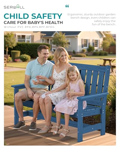 SERWALL Outdoor Bench with Cup Holder, 58" HDPE Front Porch Bench Suitable for 3 Person, All Weather Patio Benches with High Backrest and Wide Armrests for Garden, Park, Yard, Navy