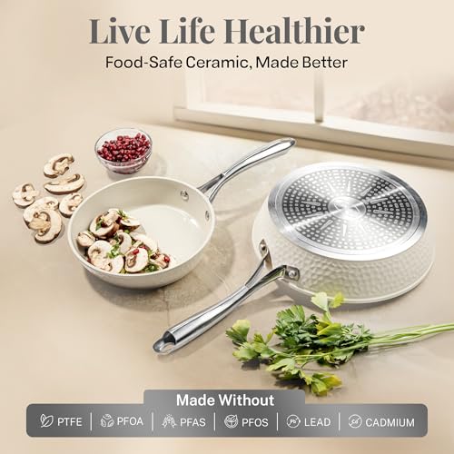 GOTHAM STEEL Hammered 10 Inch Non Stick Frying Pans with Lid, Frying Pans Nonstick with Lid, Non Toxic PFOA PFOS Free, Skillet Pan for Cooking, Induction Oven and Dishwasher Safe – Cream