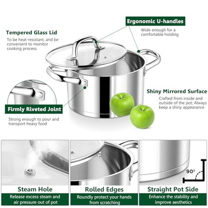 P&P CHEF 8 Quarts Cooking Stock Pot with Lid, Stainless Steel Stockpot Induction Pot for Soup, Tri-Ply Bottom & Clear Glass Lid & Double Handle, Dishwasher Safe