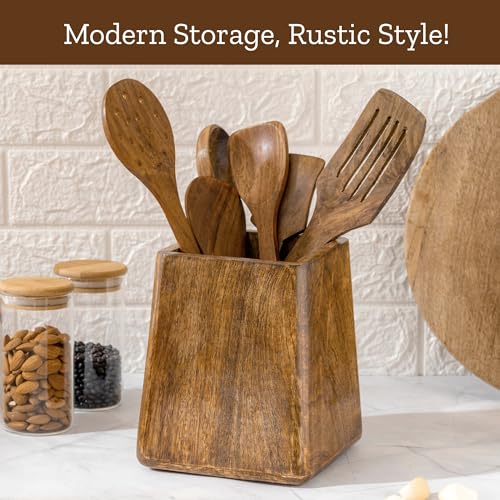 Mie Creations Rustic 7'' Large Utensil Holder Crock for Kitchen Countertop | Thanksgiving Christmas Utensils Crock, Wooden Square Spatula Organizer Caddy for Party, Cooking Counter Decor- Dark Brown