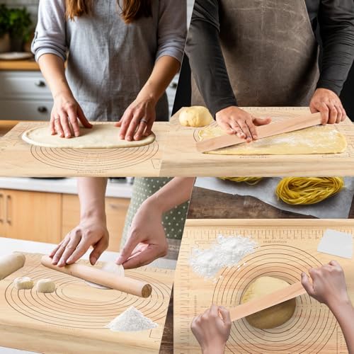 Wood Pastry Board with Measurements|Extra Large 24"x20"|Include Kneading Board,Rolling Pin,Dough Cutter|Multi-Functional Dough Board Set for Pie Mrusts, Pizzas, or Slicing Vegetables