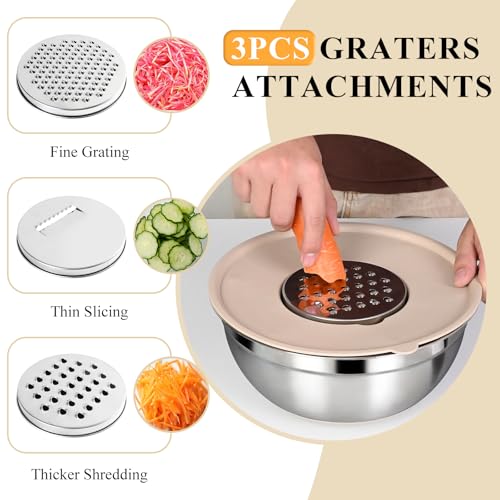 Mixing Bowls with Airtight Lids Set, 20 PCS Kitchen Gadgets Set, 6 Stainless Steel Bowls,3 Grater Attachments,Non-Slip Silicone Bottoms,Great for Serving&Baking,Size 5, 4, 3.5, 2.1, 1.5, 1.1QT (Khaki)