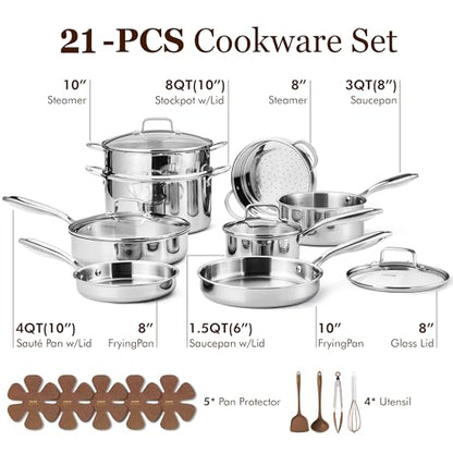 CAROTE 21pcs Tri-Ply Stainless Steel Cookware Set, Pots and Pans Set, Non Toxic Induction Kitchen Cooking Sets, Cookware Collection, Mirror Polish, Silver, Mothers Day Gifts