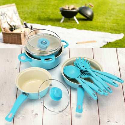 Non-Stick Cookware Set, Portable Lightweight Cast Iron Pots and Pans with Glass Lids and Nylon Utensils - 13 Piece Set, Outdoor Camping Picnic Travel（Blue）