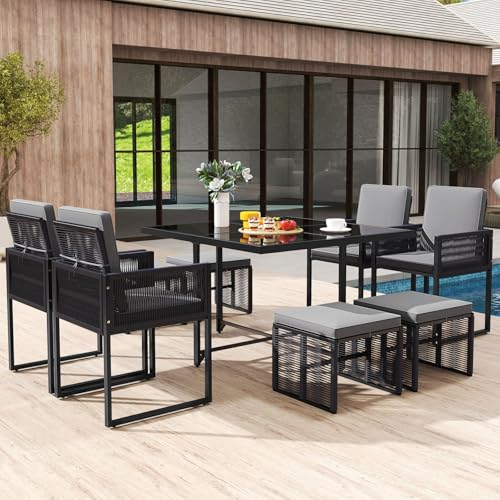 Tangkula 9 Pieces Patio Dining Set, Outdoor Space-Saving Furniture Set with PE Rattan Chairs, Tempered Glass Table and Ottomans, Outdoor Sectional Conversation Set with Cushions for Yard