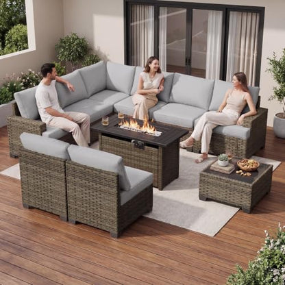 Aoxun Luxury 10 Piece Patio Furniture Set with Fire Pit Table, Gray