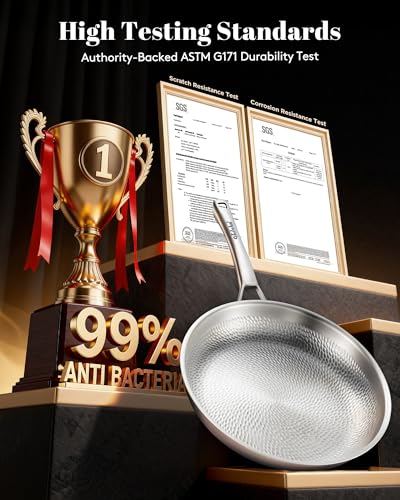 VEDNHOL Titanium Pan, 12 Inch Pure Titanium Hammered Pro frying pan with Lid, Non-Toxic Skillet for Cooking, PFAS/PFOA/PTFE Free Cookware, Dishwasher&Oven Safe, Kitchen Induction Compatible