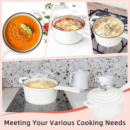 HaSteeL 3 QT Cast Iron Saucepan, Enamel dutch oven with lid, Small Non Stick Pan for Milk, Pasta Tomato Sauce, Butter, Breakfast, Soup, Suitable for Boiling Stewing Frying, Easy to Clean, White