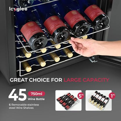 Icyglee 4.5 CU.FT Wine Cooler Refrigerator, Small Freestanding Wine Fridge for Red, White and Champagne, Mini Fridge with Adjust Temperature, Black