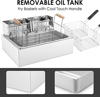 TANGME Commercial Deep Fryer, 3400w Electric Countertop Fryer with 3 Baskets, 22L/23.25Qt 1mm Thickened Stainless Steel Oil Fryer with Temperature Limiter for Restaurant, UL Certified