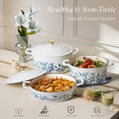 CAROTE 7QT Cast Iron Dutch Oven Pot with Lid, Enameled Floral Dutch Ovens with Cotton Potholders & Oven Gloves, Versatile Heavy-Duty Cookware for Sourdough Bread Baking, Braising, Stews, All Stovetop Compatible, Oven Safe up to 500° F, White & Blue