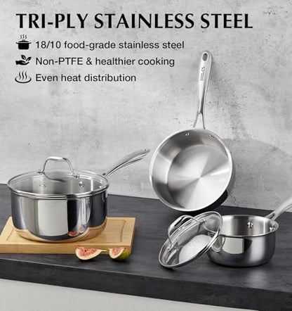 KOCH SYSTEME CS Triply Stainless Steel Saucepan, 3 Quart Stainless Steel Pot with lid, Large Cooking Pot, 3QT Sauce Pan with Stay Cool Handle, Induction Compatible Pot, Oven Safe 600°F