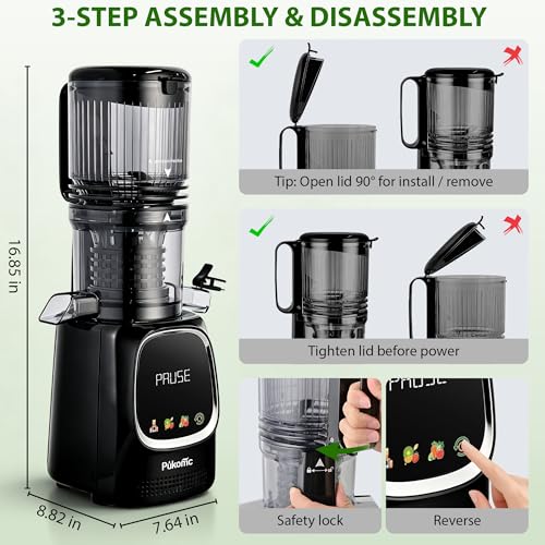 Pukomc Cold Press Juicer with Smart Display and Brushless Motor, 5.3'' Wide Mouth Feed Chute, 300W High Power Slow Masticating Juicer, Whole Vegetables & Fruits Juicing, Easy to Use and Clean