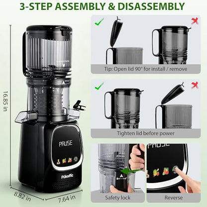 Pukomc Cold Press Juicer with Smart Display and Brushless Motor, 5.3'' Wide Mouth Feed Chute, 300W High Power Slow Masticating Juicer, Whole Vegetables & Fruits Juicing, Easy to Use and Clean