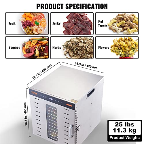 VEVOR Food Dehydrator, 10 Trays Stainless Steel Food Dehydrator Machine, 1000W Dehydrators with Digital Adjustable Timer & Temp, Dehydrator for Jerky Herb Meat Beef Fruit Dog Treats and Vegetables