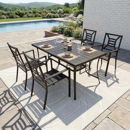 VOYSIGN 5 Piece Outdoor Patio Dining Sets, 60" Rectangular Metal Dining Table with Umbrella Hole & 4 Stackable Metal Chairs, Weather Resistant Garden Furniture Set for Backyard, Deck, Porch