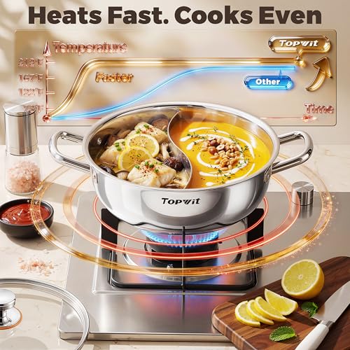 TOPWIT 3-Ply Construction 316 Stainless Steel Double-flavor Shabu Shabu Pot, 5.5QT Hot Pot with Divider, 11″ Dual Side Pot for Cooking, Hotpot for Induction Cooktop, Gas/Ceramic Cooktop, Hot Burner