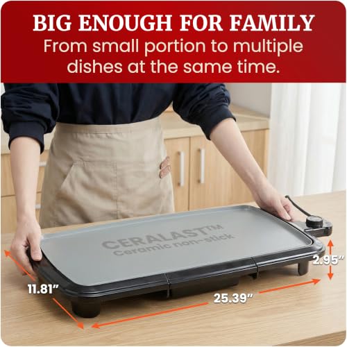 Elite Gourmet 10" x 20" Electric Griddle, PFAS-Free Ceralast™ Ceramic