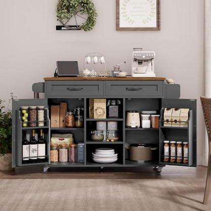 RALGEND Kitchen Island with Power Outlets & Drop Leaf, Kitchen Cart with Storage, Drawer and Spice Rack, Tower Rack, Island Table, Black and Rustic Brown