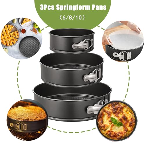 Easynzery 168pcs Cake Pan Sets for Baking + Cake Decorating Supplies: 3 Non-Stick Springform Pans Set (6, 8, 10 inches), Icing Tips – Multi-functional Leak-Proof CheeseCake Pan