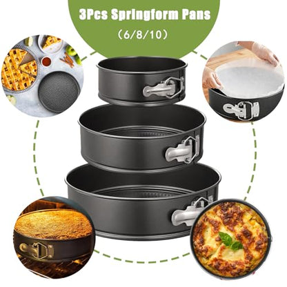 Easynzery 168pcs Cake Pan Sets for Baking + Cake Decorating Supplies: 3 Non-Stick Springform Pans Set (6, 8, 10 inches), Icing Tips – Multi-functional Leak-Proof CheeseCake Pan