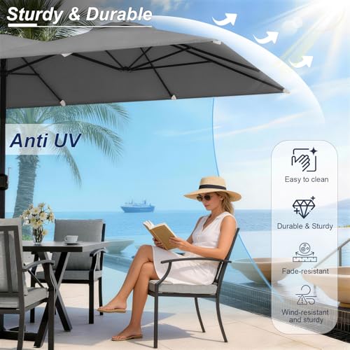 Trumbeak 10 Pieces Patio Dining Set,Metal Outdoor Furniture Set Includes 13.6FT Grey Umbrella,Hole Cut-Out 78.7" x 35.4" Table and 8 Metal Backrest Chairs for Backyard,Garden,Grey