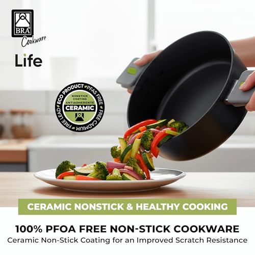 BRA COOKWARE Life Ceramic Nonstick Sauté Pan w/Glass Lid | 11 Inch 2.9 Quart Recycled Aluminum Deep Pan | Dual-Handle Braiser | Ceramic Non-Stick Coating | PFOA Free | All Cooktops & Oven Safe