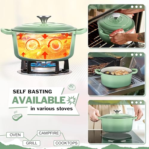 Small 3 Quart Dutch Oven, HaSteeL Round Cast Iron Cooking Pot with Lid, Nonstick Enameled Cookware for Sourdough Bread Baking Roasting Stewing Braising Frying, Heavy Duty & Oven Safe 500℉, Green