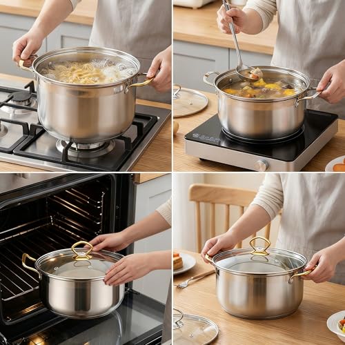 5 Piece Stainless Steel Cookware Set - Tempered Glass Lids, Ergonomic Handles & Thickened Base - Compatible with Gas, Electric, Halogen, Ceramic & Induction Hobs (Gold Handle)