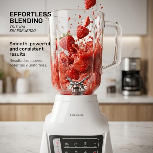 Taurus Potenza Comfort Blender, 1050W, 1.5L Glass Jar, Up to 50% Less Noise, Stainless Steel Blades, 9 Speed Settings, Quiet Powerful Blender for Smoothies, Ice, and Frozen Drinks