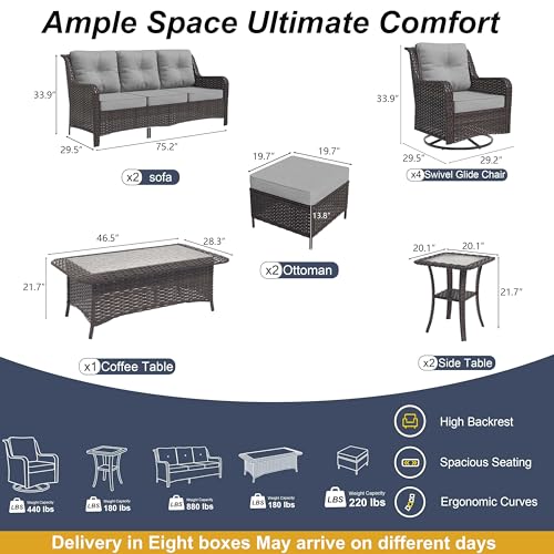 ASJMR 11-Piece Patio Furniture Set, Outdoor Thick Wicker Sectional Sofas with Swivel Chairs, High Back Sectional Couch with Fire Pit Table, Outdoor Conversation Set for Backyard, Porch, Deck, Grey