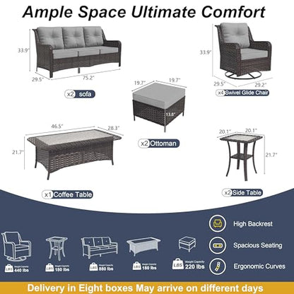 ASJMR 11-Piece Patio Furniture Set, Outdoor Thick Wicker Sectional Sofas with Swivel Chairs, High Back Sectional Couch with Fire Pit Table, Outdoor Conversation Set for Backyard, Porch, Deck, Grey