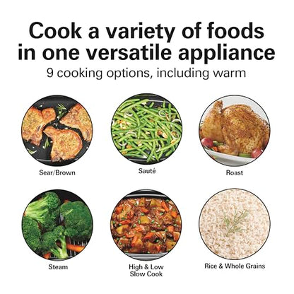 Hamilton Beach 6 Quart 9-in-1 Programmable Slow Cooker with Sear, Browning, Rice, Steam, Sauté, Roast Delay Start & Keep Warm Functions, Nonstick PFAS-Free Dishwasher Safe Crock, Black (33604)