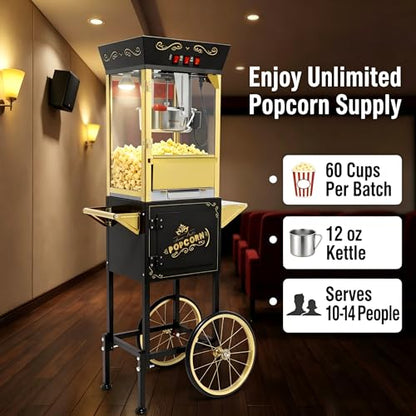 12oz Commercial Popcorn Machine with Cart, Black