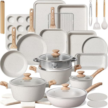 Kikcoin Pots and Pans Set Non Stick 31 Piece Kitchen Nonstick Cooking Cookware Sets with Grill Pan Saucepan Baking Sheet Utensil, Cream White