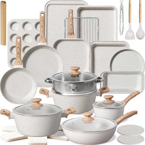 Kikcoin Pots and Pans Set Non Stick 31 Piece Kitchen Nonstick Cooking Cookware Sets with Grill Pan Saucepan Baking Sheet Utensil, Cream White