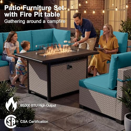 SnugVista Patio Furniture Set, 18-Piece Outdoor Sectional Sofa with Swivel Rocker Chairs & Fire Pit Table, Wicker Patio Conversation Set with Coffee Table, Cyan Cushions