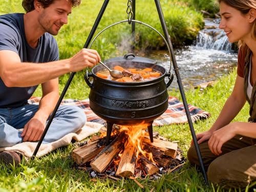 8-Quart Pre-Seasoned Cast Iron Cauldron - African Potjie Pot with Lid - 3-Legged Pot for Even Heat Distribution - Outdoor Cast Iron Dutch Oven Cookware for Campfire Cooking and Boiling