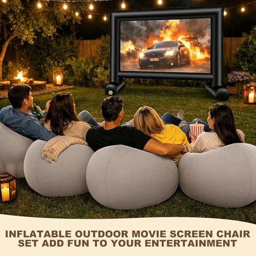 BreezeHug 6 Pcs Inflatable Bean Bag Chairs with 16ft Inflatable Movie Screen Projector Screen Outdoor Blow up Chairs with Electric Air Pump for Outdoor Movie Nights Camping