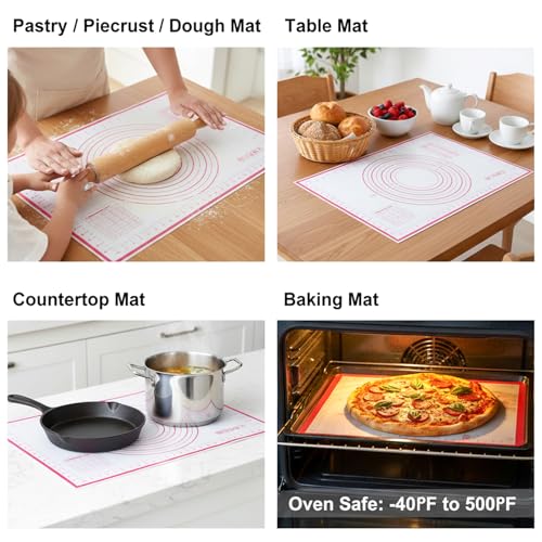 Hadnves Silicone Baking Mat 23.6" × 15.7" Extra Large Pastry Dough Mat with Measurements For Rolling Dough Bread Pizza Pie Crust Fondant Making Oven Liner Kitchen Counter Non-Slip Non Stick Reusable