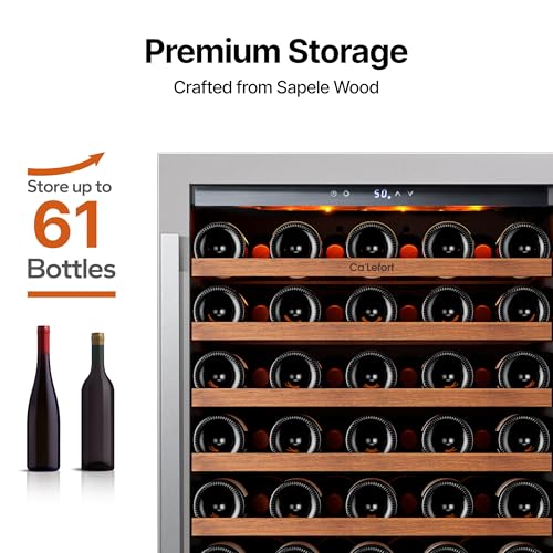 Ca'Lefort 24 Inch Wine Fridge, 61 Bottle Wine Cooler Refrigerator, 40-65°F Wine Refrigerator Glass Door, 3 LED Wine Fridge, Built-in or Freestanding Fridge for Home/Bar/Kitchen (5.65 cu.ft)
