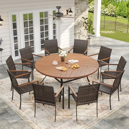 VICLLAX Round Patio Table and Chairs, 11 Pieces Outdoor Dining Set of Metal Patio Table with Storage Shelf and 10 Wicker Patio Stackable Chairs for Porch Yard Garden, Walnut Tabletop