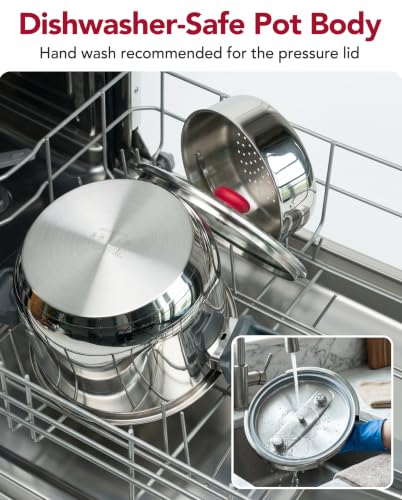 MICHELANGELO Stovetop Pressure Cooker Stainless Steel, 4.2 qt, 304 Stainless Steel, 6-Fold Safety System, One-Hand Easy-Open Lid, 2 Pressure Settings, Steamer Basket & Glass Lid, Induction Compatible
